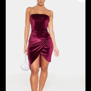 Burgundy Velvet Binding Detail Wrap Over Dress